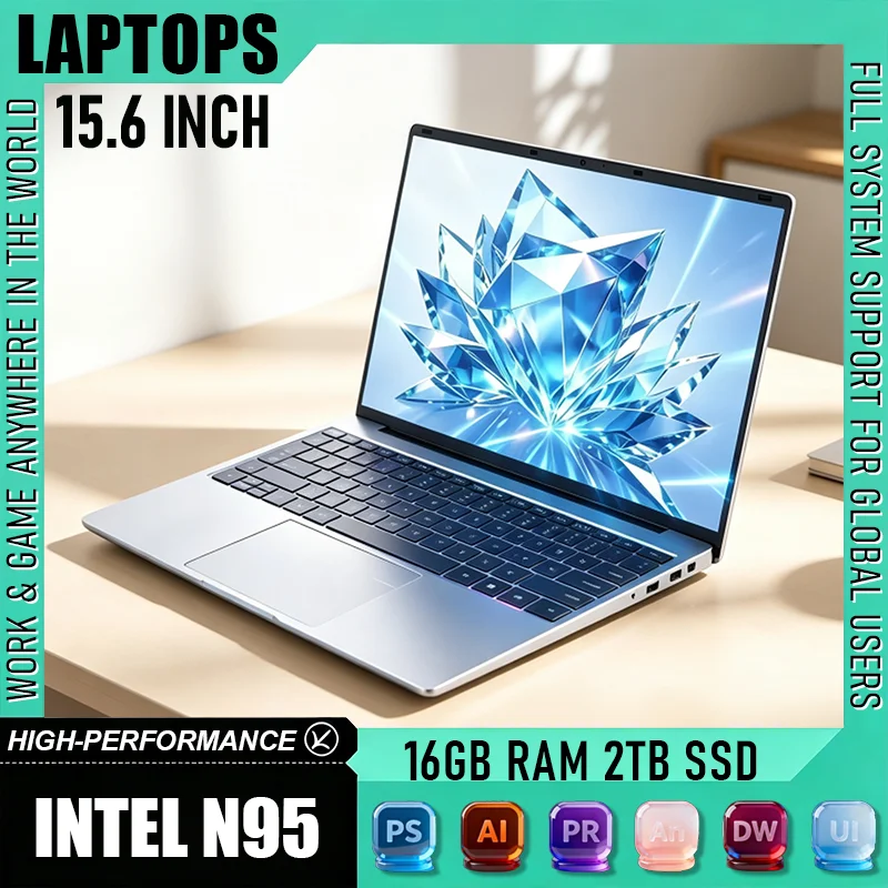 15.6 Inch Portable Gaming Laptop Intel N95 32GB 2TB SSD Backlit Keyboard Fingerprint Unlock PC Notebook for Office