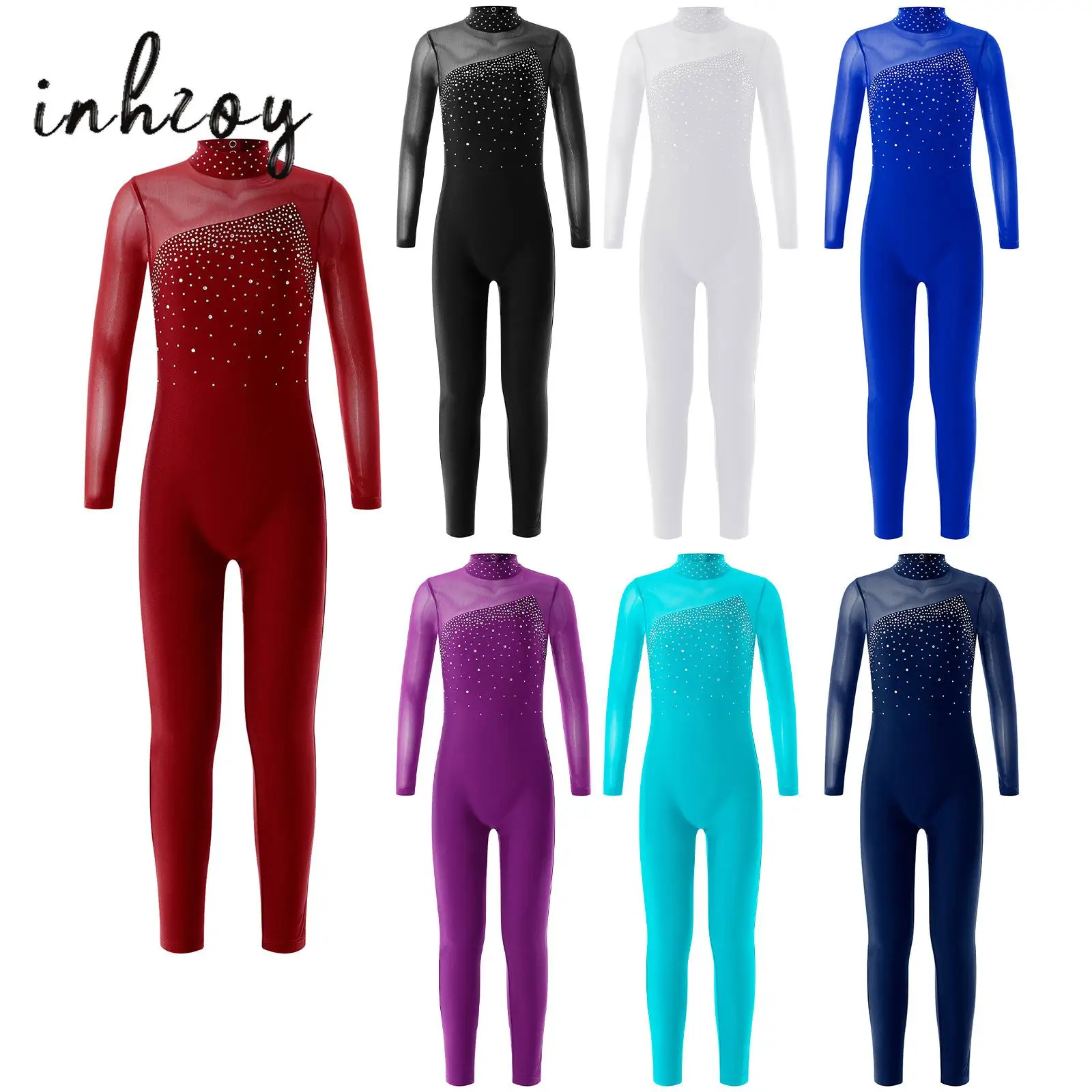 

Girls Kids Long Sleeve Rhinestone Ballet Dance Leotard Sport Workout Bodysuit Skating Gymnastics Jumpsuits Performance Costume