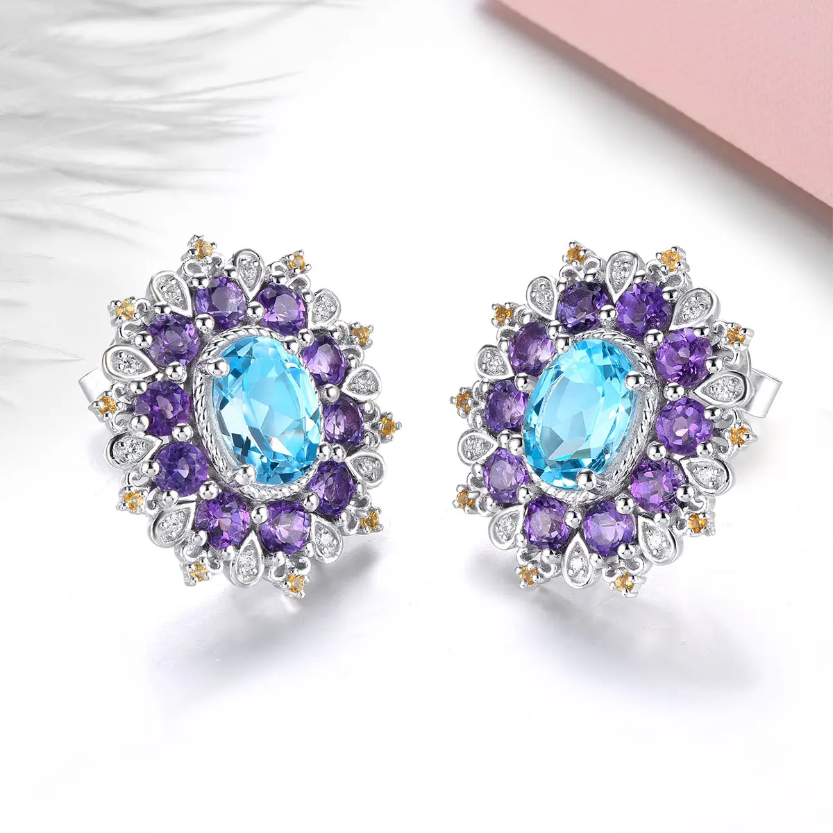 Natural Blue Topaz Amethyst Sterling Silver Stud Earring 5.5 Carats Genuine Gemstone Colorful Fine Jewelry Original Design