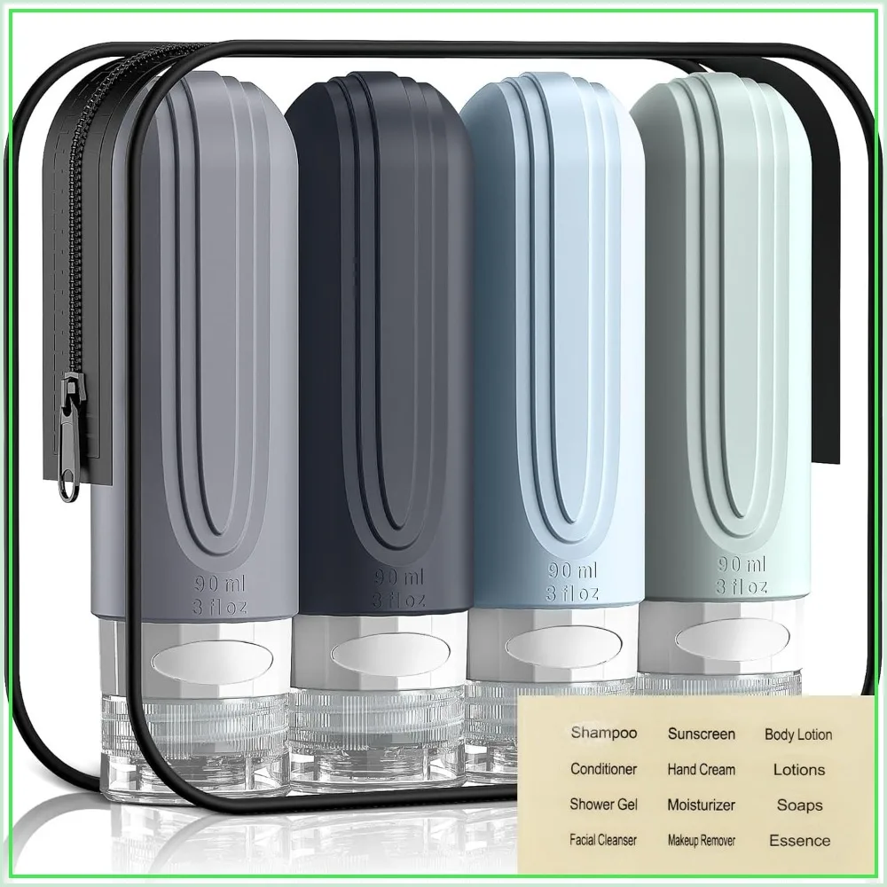 3oz TSA Approved Travel Size Toiletries, Leak-Proof Silicone Refillable Containers, Squeezable Bottles with Clear Bag