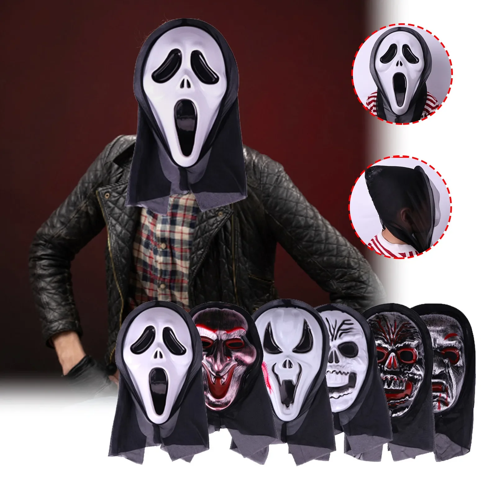 Mask With Shroud, Halloween Scream Mask Full Head Masks Scary Masks Party Horror Costume Accessory