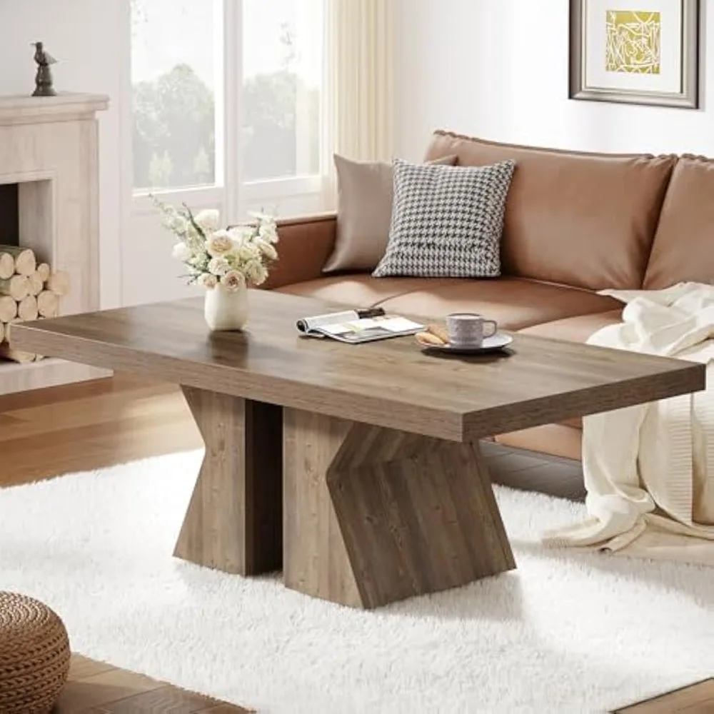 Wood Coffee Table, 47-Inch Rectangular Center Table with Thick Wooden Base, Farmhouse Wood-Look Cocktail Table for Living Room