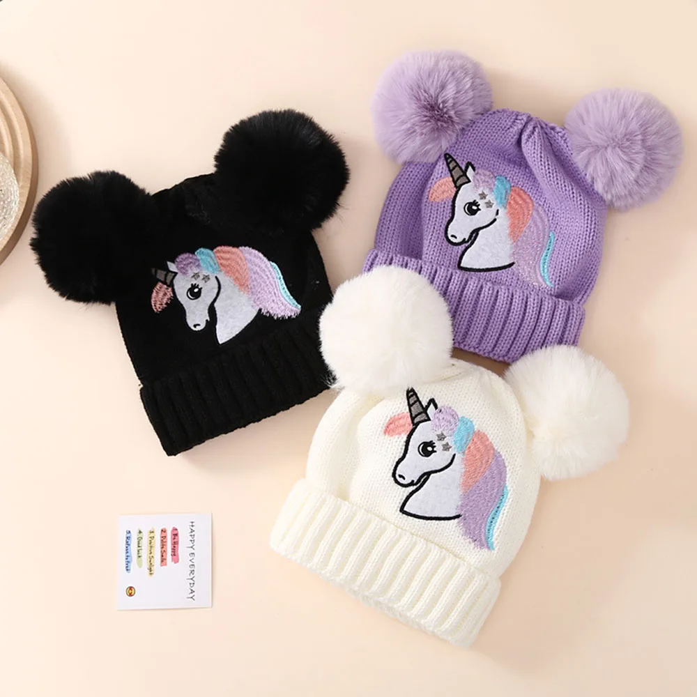 Unicorn Pattern Beanie Embroidered Toddler Baby Knit Hat Winter Pom Hats Warm Cap For Boys Girls 1-4 Years Old