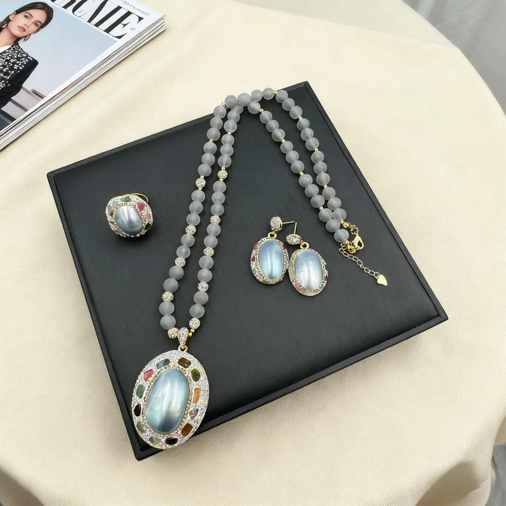 Conjunto de anillo y pendientes con colgante de perlas de concha de agua de mar Natural francesa, joyería de perlas Mabe de cristal de turmalina con incrustaciones para mujer