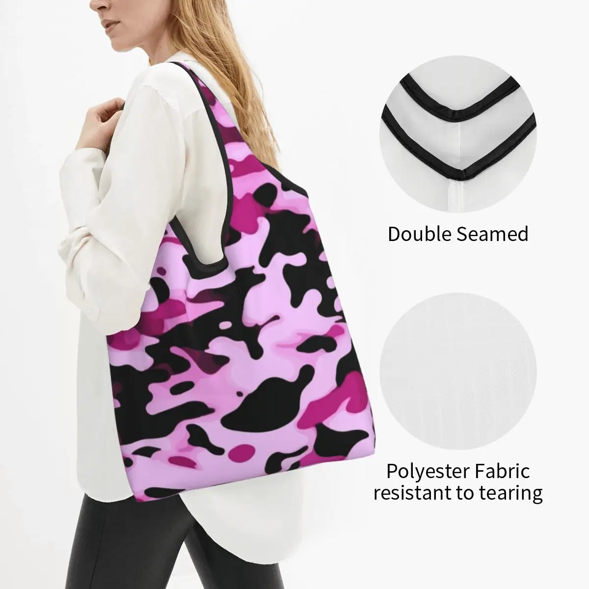 Herbruikbare Camouflage Roze Boodschappentassen Voor Boodschappen Opvouwbare Boodschappentassen Wasbare Grote Draagtassen