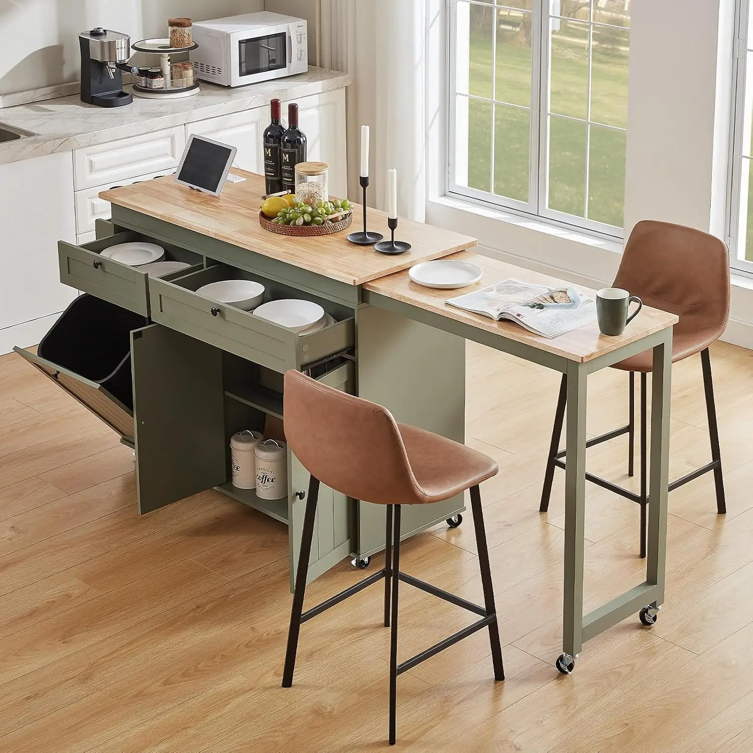 Kitchen Islands with Extendable Dining Table, Mobile Storage Islands, Green | 81.7" Rolling Kitchen Cart with Trash Cabinet, Pow image 2