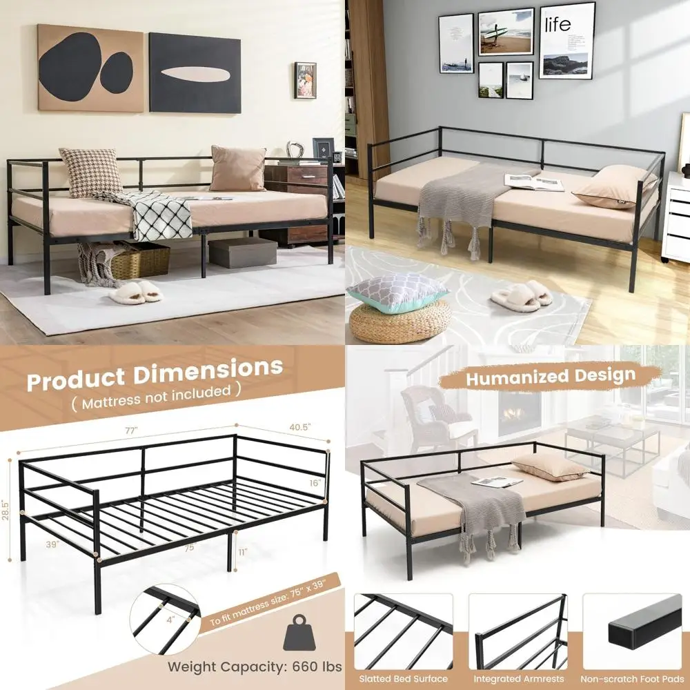 Metal Twin Daybed with Guardrails for Living Room Efficiency