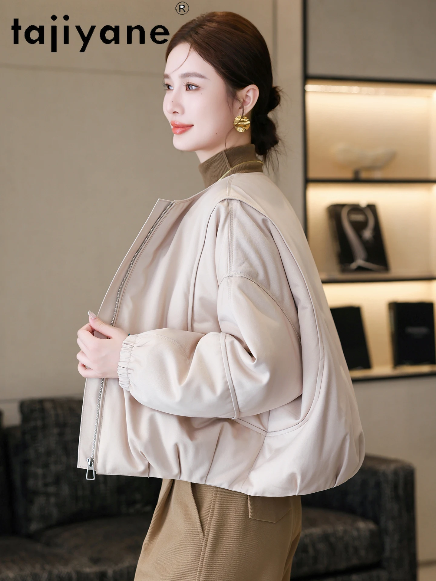 Kurtki puchowe damskie TAJIYANE, 90% biały puch gęsi, prosty krój z okrągłym dekoltem, stylowe krótkie kurtki puchowe, odzież zimowa damska 2025, пуховик