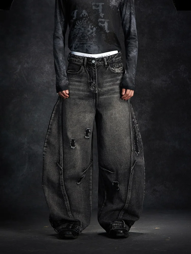

Dark Style Personality Slash Ripped Washed Black Grey Vintage Knife Jeans Loose Wide Leg Versatile Long Trousers
