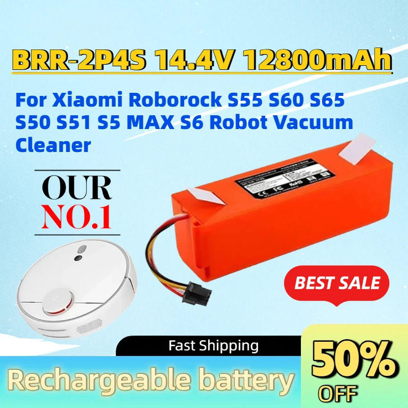 In Stock New BRR‑2P4S 14.4V 12800mAh Replacement Battery for Xiaomi Roborock S55 S60 S65 S50 S51 S5 MAX S6 Robot Vacuum Cleaner