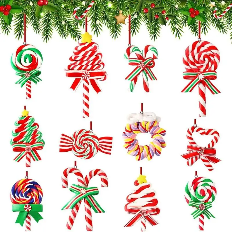 12 Uds. De adornos navideños de piruleta, bastón de caramelo de madera colorido, decoración colgante, colgantes de menta para árbol de Navidad