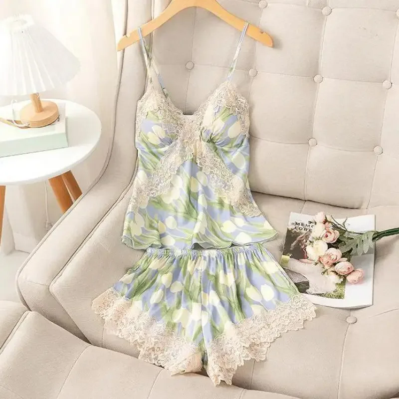 

Summer Suspender Pajamas Set Intimate Lingerie Sexy Strap Top&shorts Pijamas Suit Print Women Satin Sleepwear Homewear d'4o