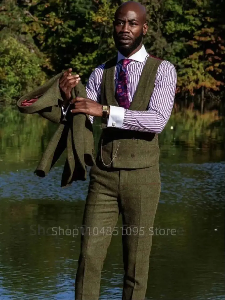 3 قطع من الصوف الأخضر منقوشة الرجال الدعاوى الأعمال الرسمية الشق التلبيب العريس البدلات الرسمية لأنشطة الحفلات الزفاف (السترة + سترة + بانت) #4