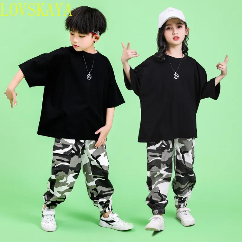 Black Girls Boys Hip Hop Dancing Costumes for Kids Short T Shirt Tops Camouflage Jogger Pants Jazz Ballroom Dance Clothes Wear