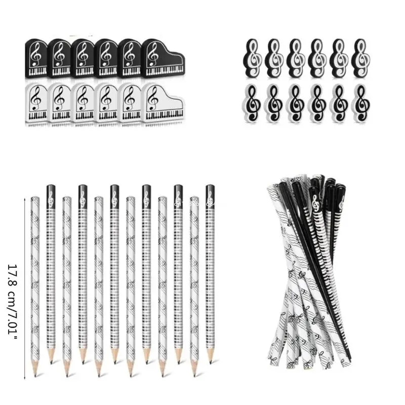 Music Themed Pencils White Black Pencils Music Note Pencil with Erasers for Girl Dropship