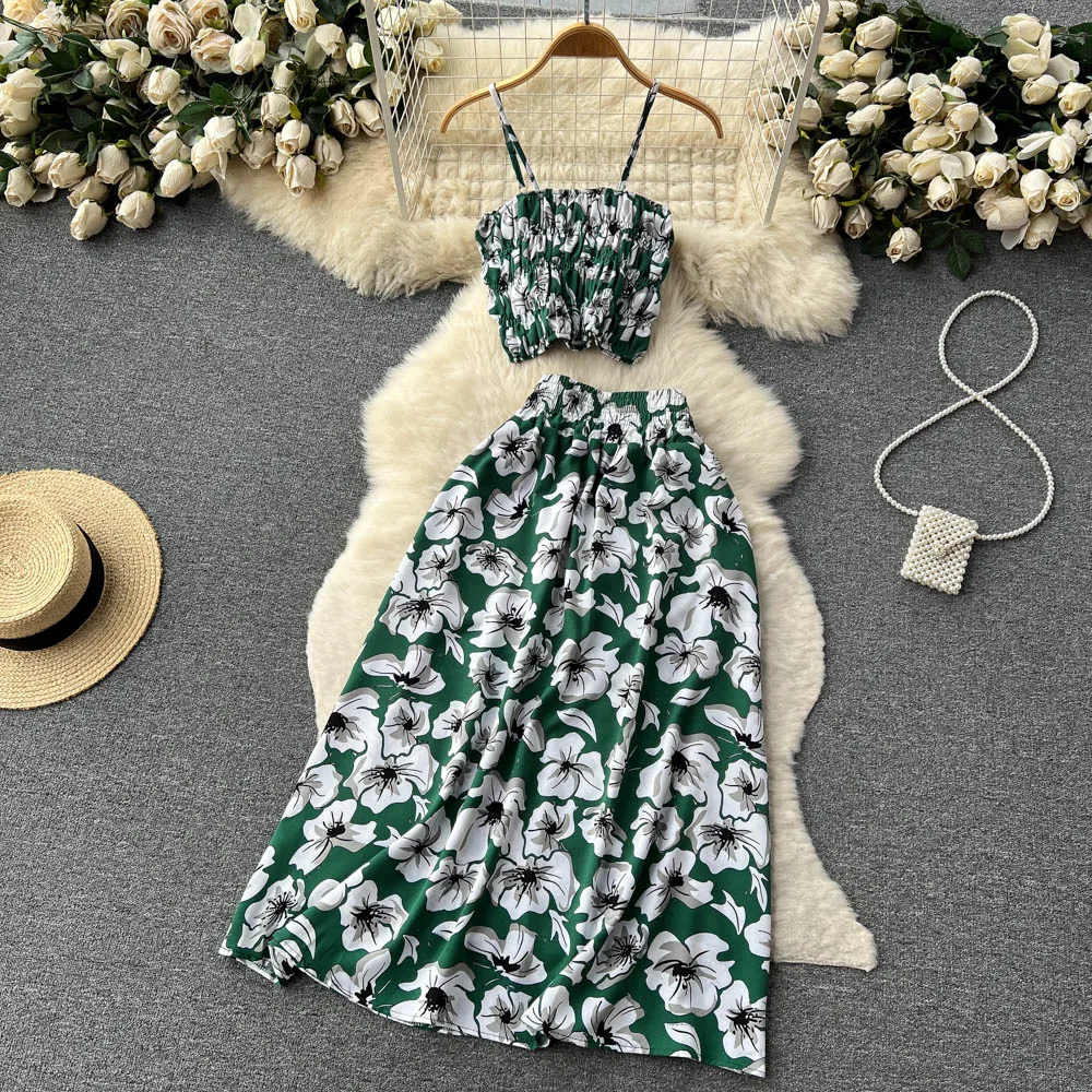 YuooMuoo Women Dress Set 2023 New Summer Vacation Fashion Floral Print Straps Crop Tops + Long Skirts Outfits Beach 2Pcs Suits