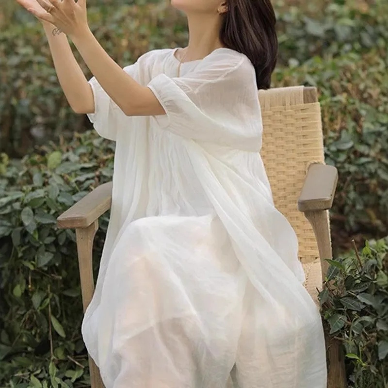 High-end clássico artístico algodão linho feminino primavera verão dupla camada gaze textura torcida Dr cintura solta saia evasê...