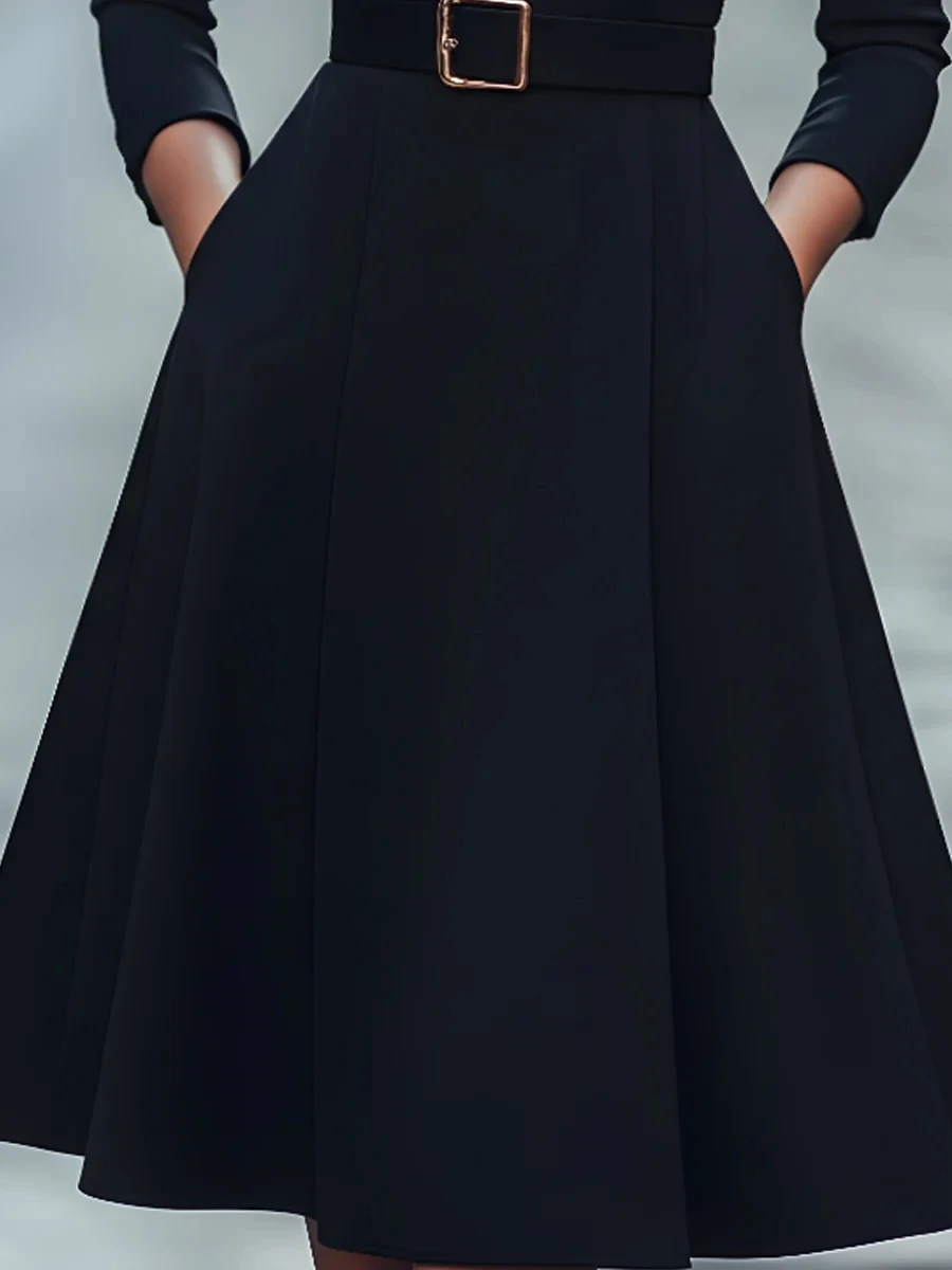 Autumn and winter temperament commuting waist slimming V-neck long-sleeved A-shaped medium-long belt skirt for women - Image 3