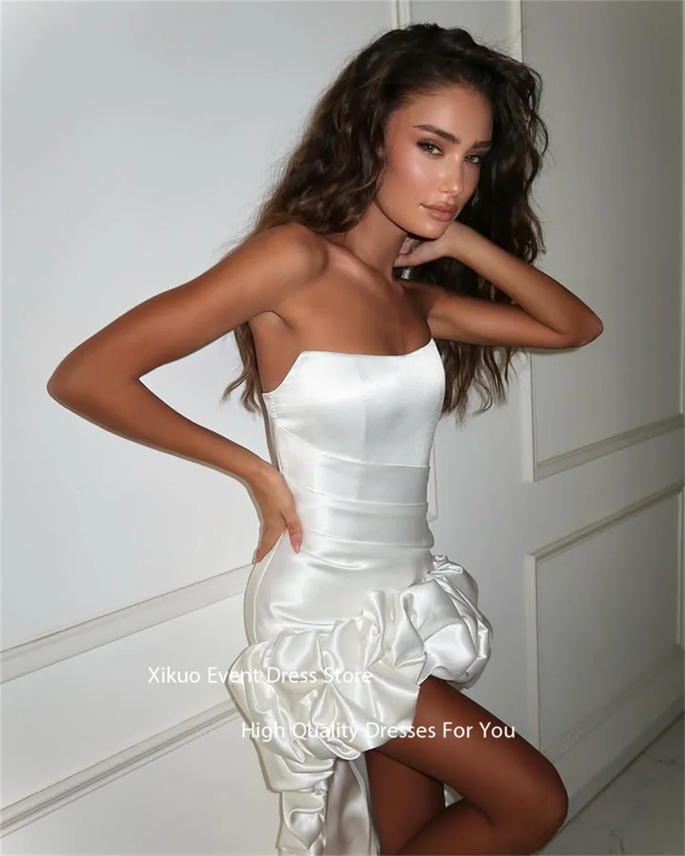 Xikuo Ruffled Train Strapless Wedding Dress High Low Bodycon Fit Civil Bridal Gowns Asymmetric Hem Vestido De Novia Customized