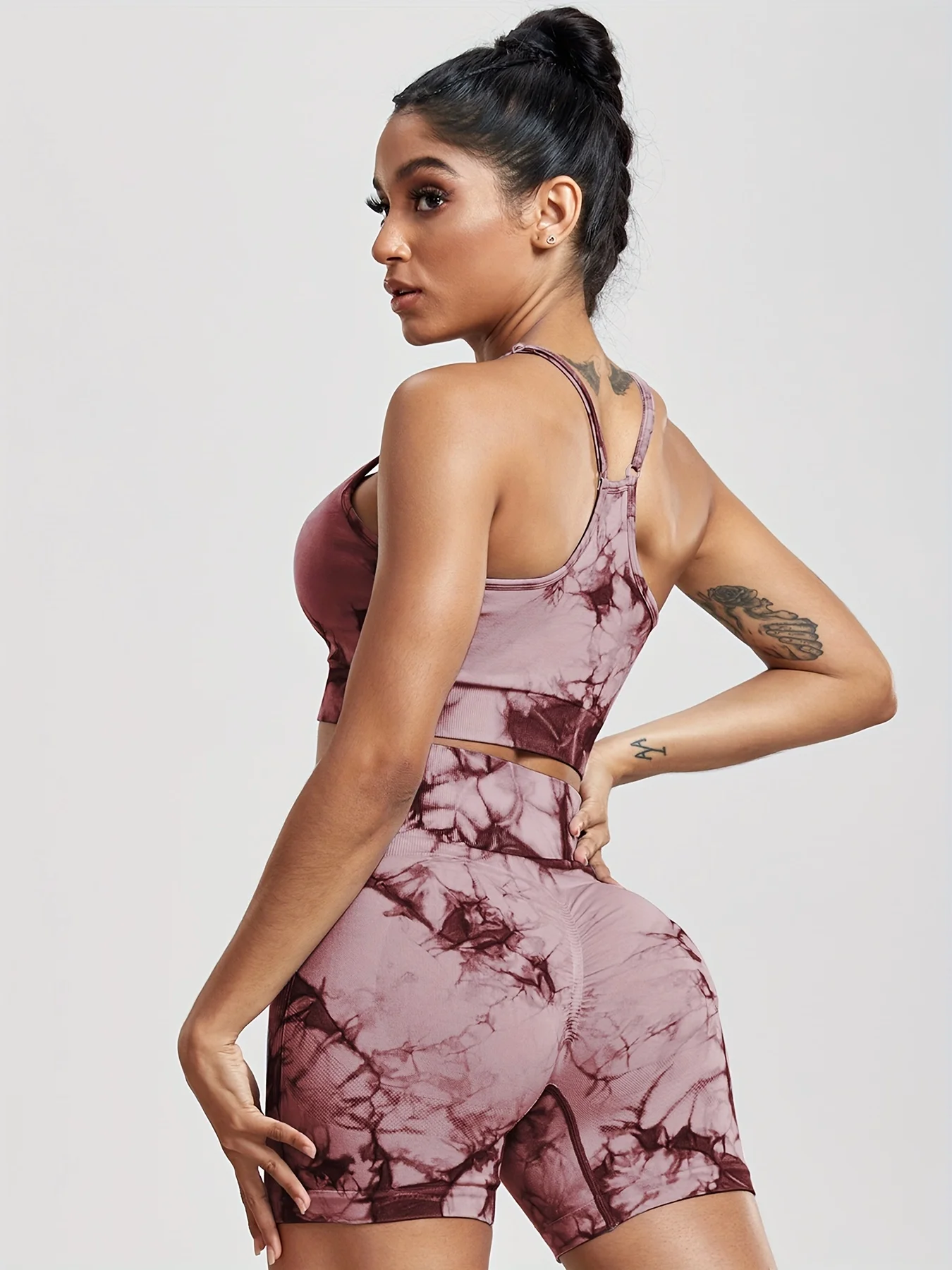 2 pçs \ conjunto tie-dye sem costura yoga shorts conjunto de fitness bicicleta shorts e sutiã superior para mulher ativo treino atlético ginásio outfit