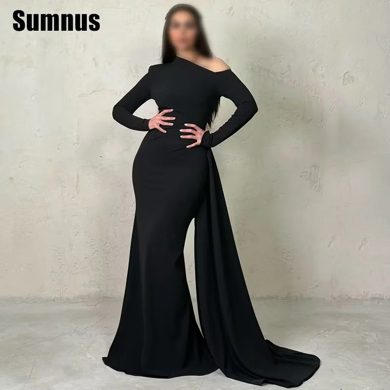 SUMNUS-Robe de Rhsirène noire simple personnalisée, manches longues, robe de soirée élégante, longueur au sol, robe formelle, 2024