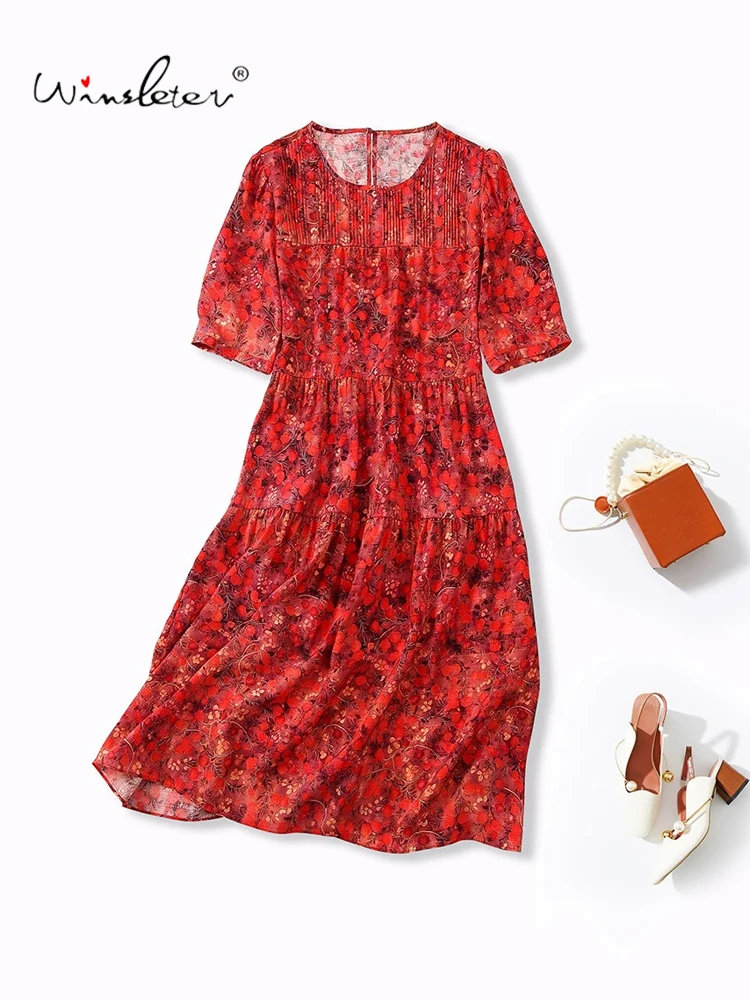 

Winsleter-100%Real Silk Elegant Dress, Short Sleeve Floral Print, Women Gentle Commute A-line Dresses, 2026 Summer New D65316CC