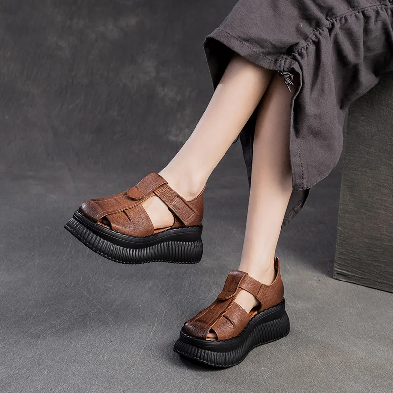 2024 New Fashion Retro Summer Shoes Women Wedges Sandals Handmade Genuine Leather Hollow Platform Casual Sandals Female Black