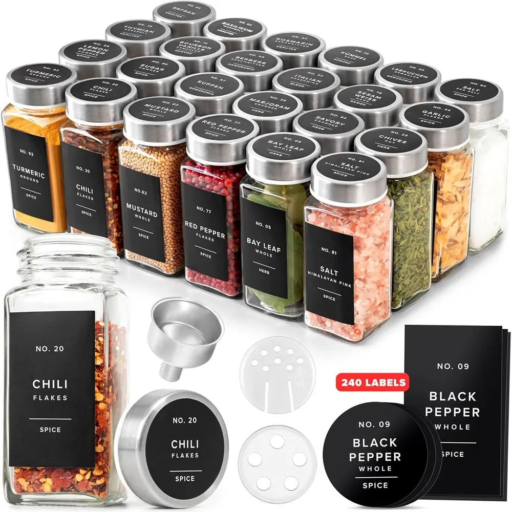 

Glass Spice Jars with Labels and Steel Lids (24 x 4oz) Spice Containers with 240 Label, Steel unnel, Shaker Inserts, Empty Squar