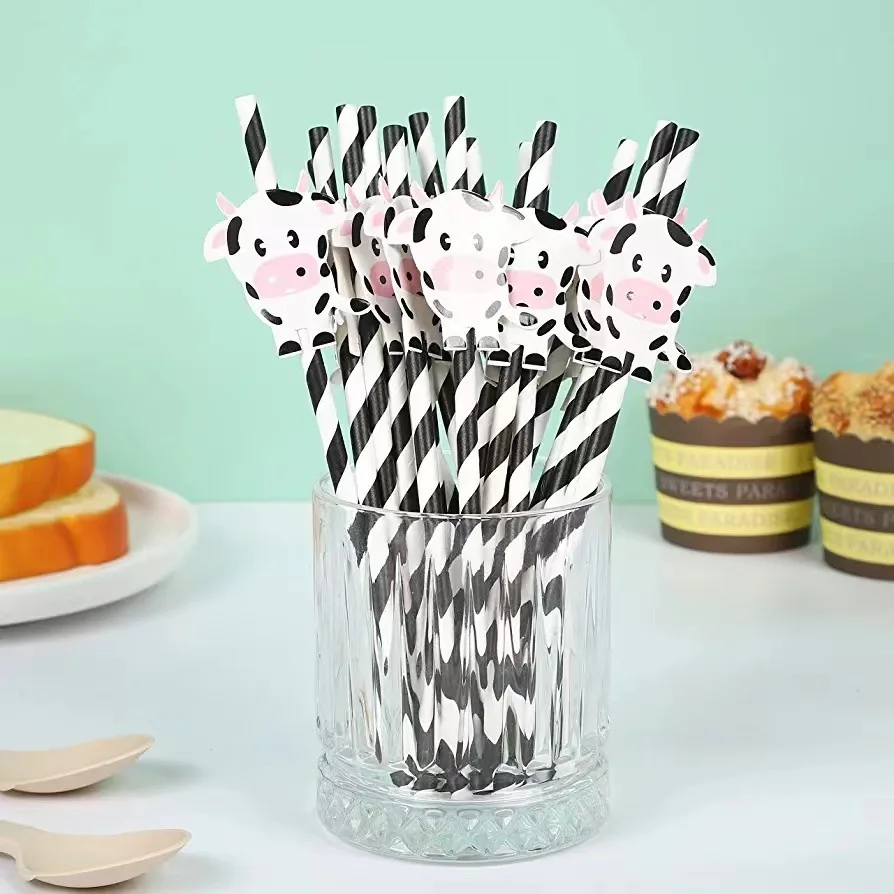 10/20/50/100pcs Black White Straws Cute Cartoon Cow Pattern Kids Boys Girls Favor Farm Theme Birthday Straw Party Decor Supplies