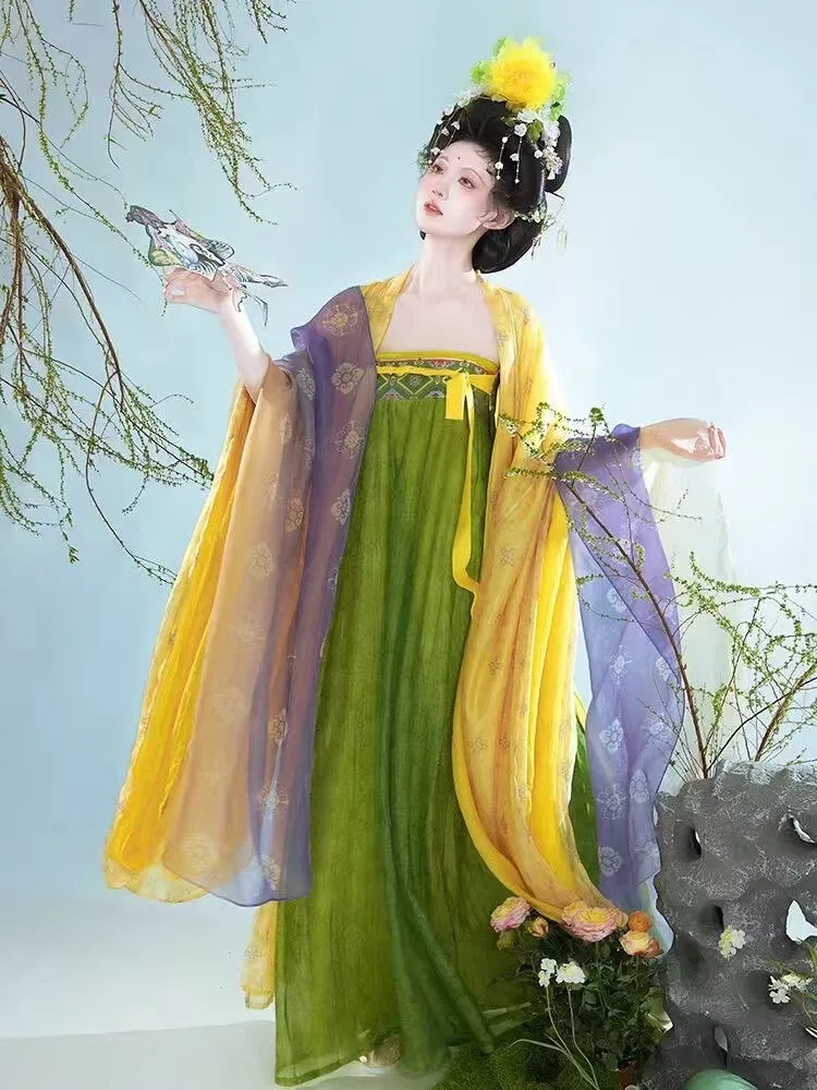 

Платье ханьфу большого размера, женское китайское винтажное зеленое и желтое платье ханьфу, женский костюм для косплея на Хэллоуин, праздничный наряд, женское платье ханьфу