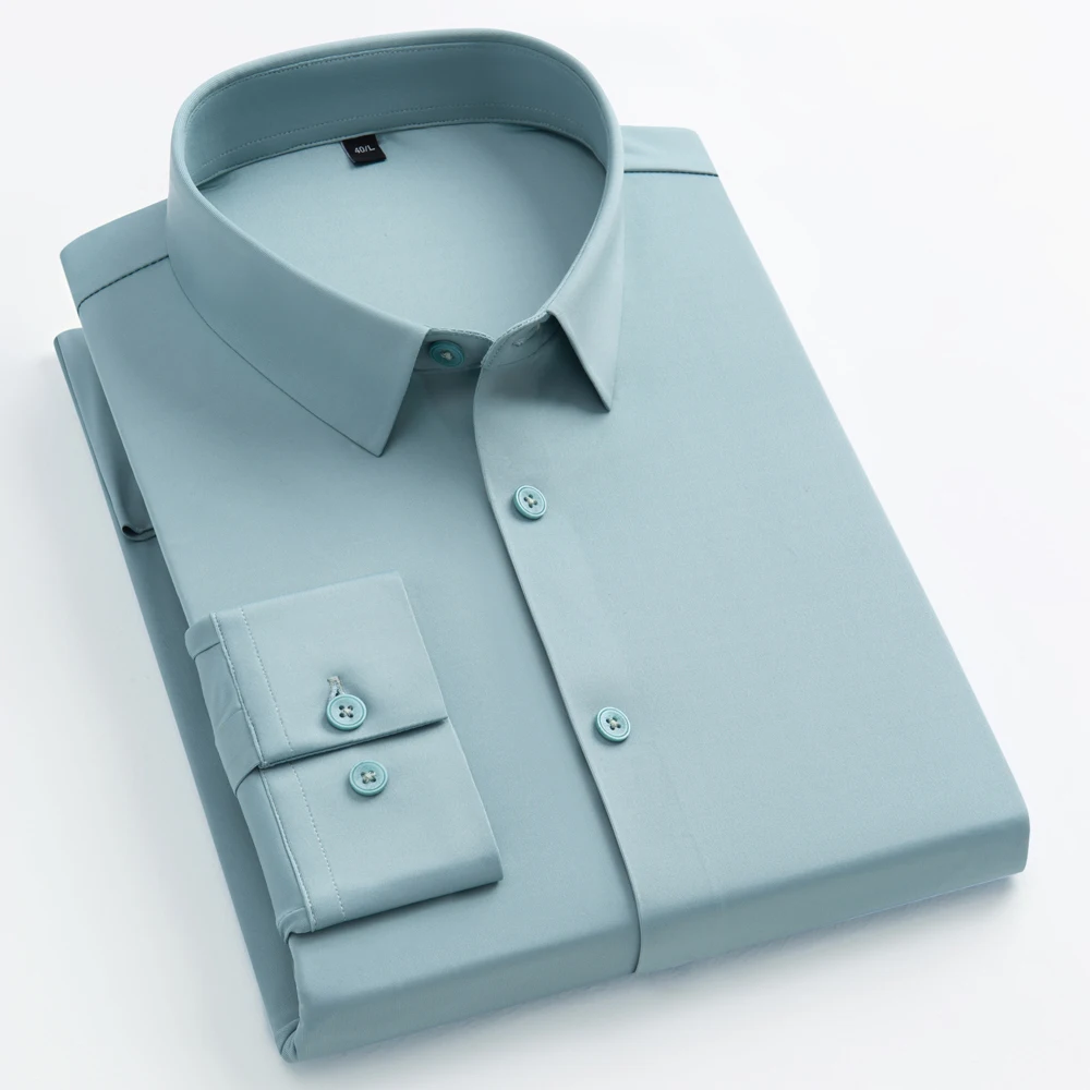 

Мужская 4-сторонняя эластичная классическая рубашка стандартного кроя с длинным рукавом, устойчивая к морщинам деловая формальная однотонная рубашка на пуговицах для свадьбы, выпускного вечера