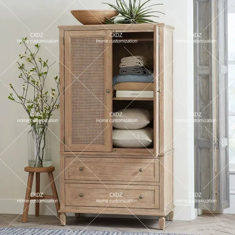 Rural Retro Solid Wood Wardrobe with Natural Rattan Door Panels Vertical Storage Cabinet for Bedroom Locker