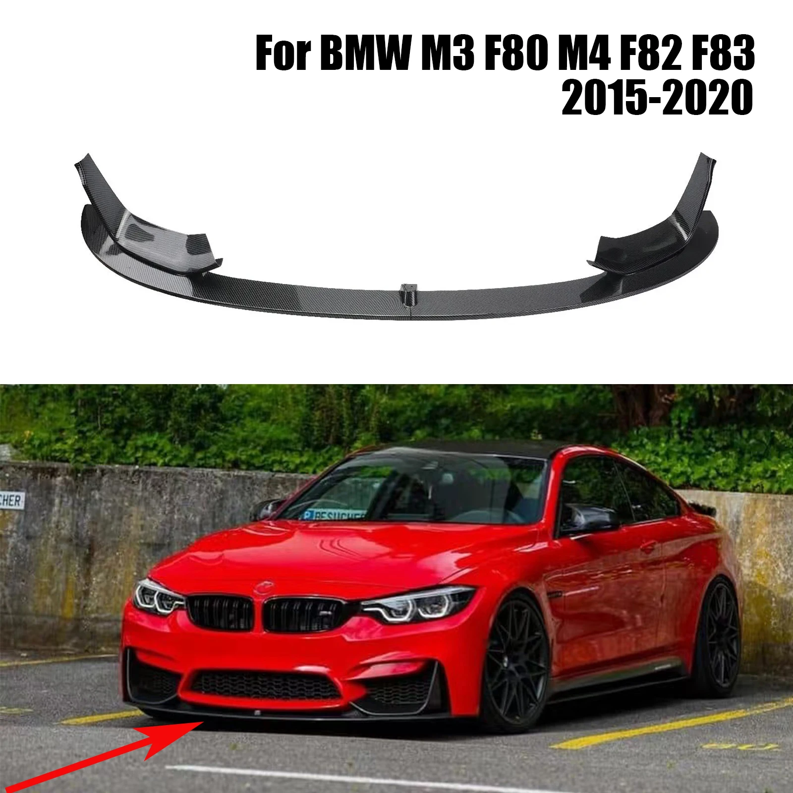 Car Front Bumper Lip Splitter+Side Splitter Corner 4 PCS MP Style Carbon Fiber Glossy Black For BMW M3 F80 M4 F82 F83 2015-2020