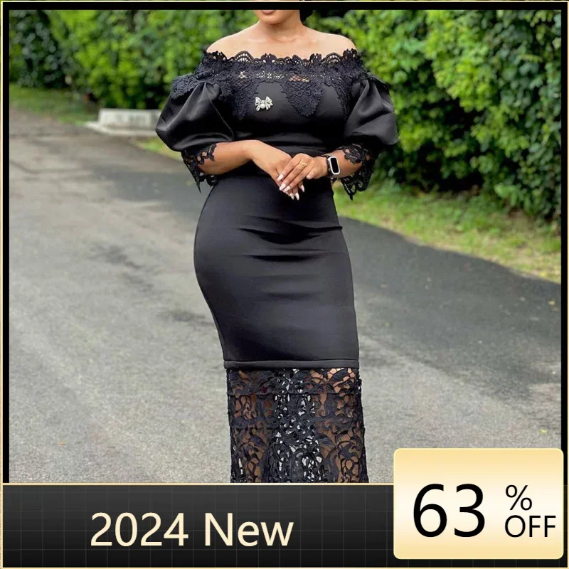 Spring Summer Fashion Lantern Sleeves Slim Dress African Women Office Ladies Solid Round Neck Work Knee Length Dress Women