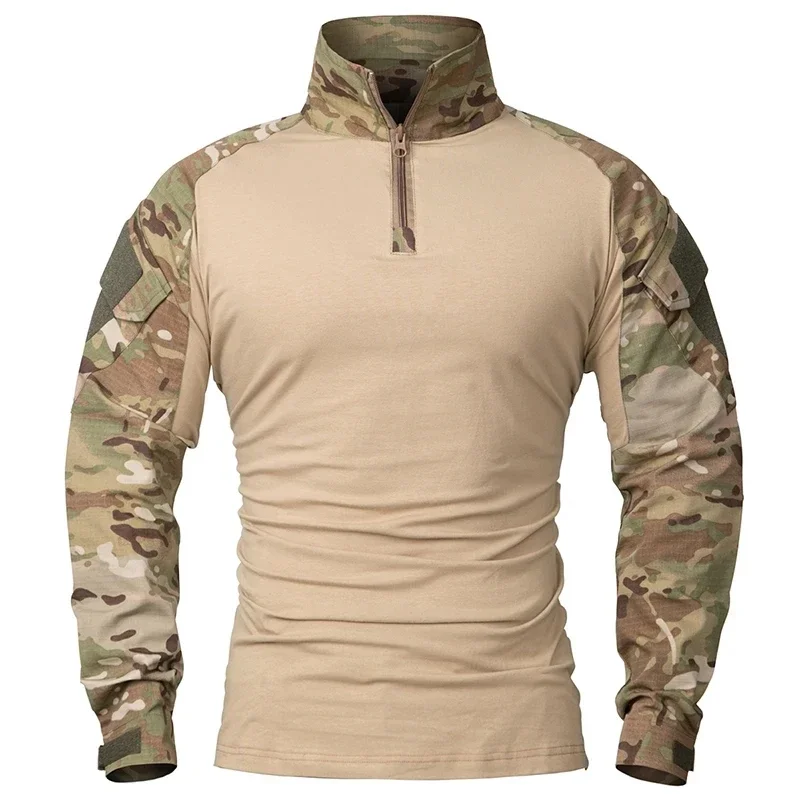 Outdoorowe koszule taktyczne z długim rękawem koszula bojowa 1/4 zamek błyskawiczny Ripstop bawełna odporna na zużycie Camo Airsoft t-shirty odzież męska