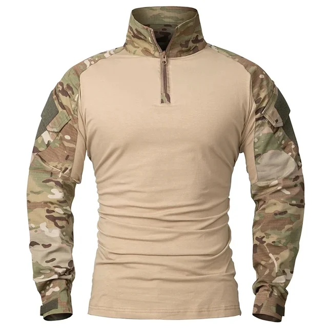Outdoorowe koszule taktyczne z długim rękawem koszula bojowa 1/4 zamek błyskawiczny Ripstop bawełna odporna na zużycie Camo Airsoft t-shirty odzież męska