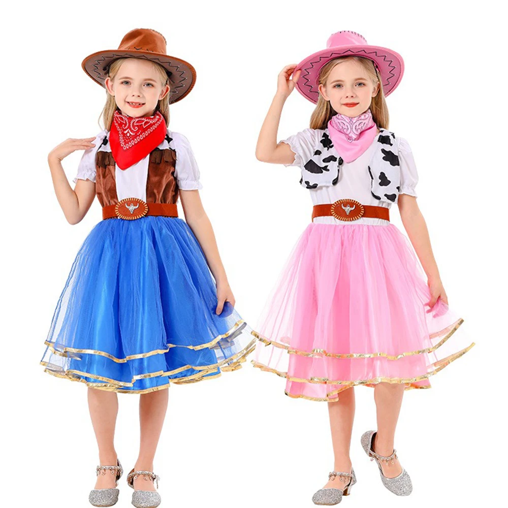 

Halloween Cowboy Cosplay Costume Pink Tutu Dress Hat Kids Girls Role Play Skirts Birthday Outfits Carnival Party Fantasia Suit