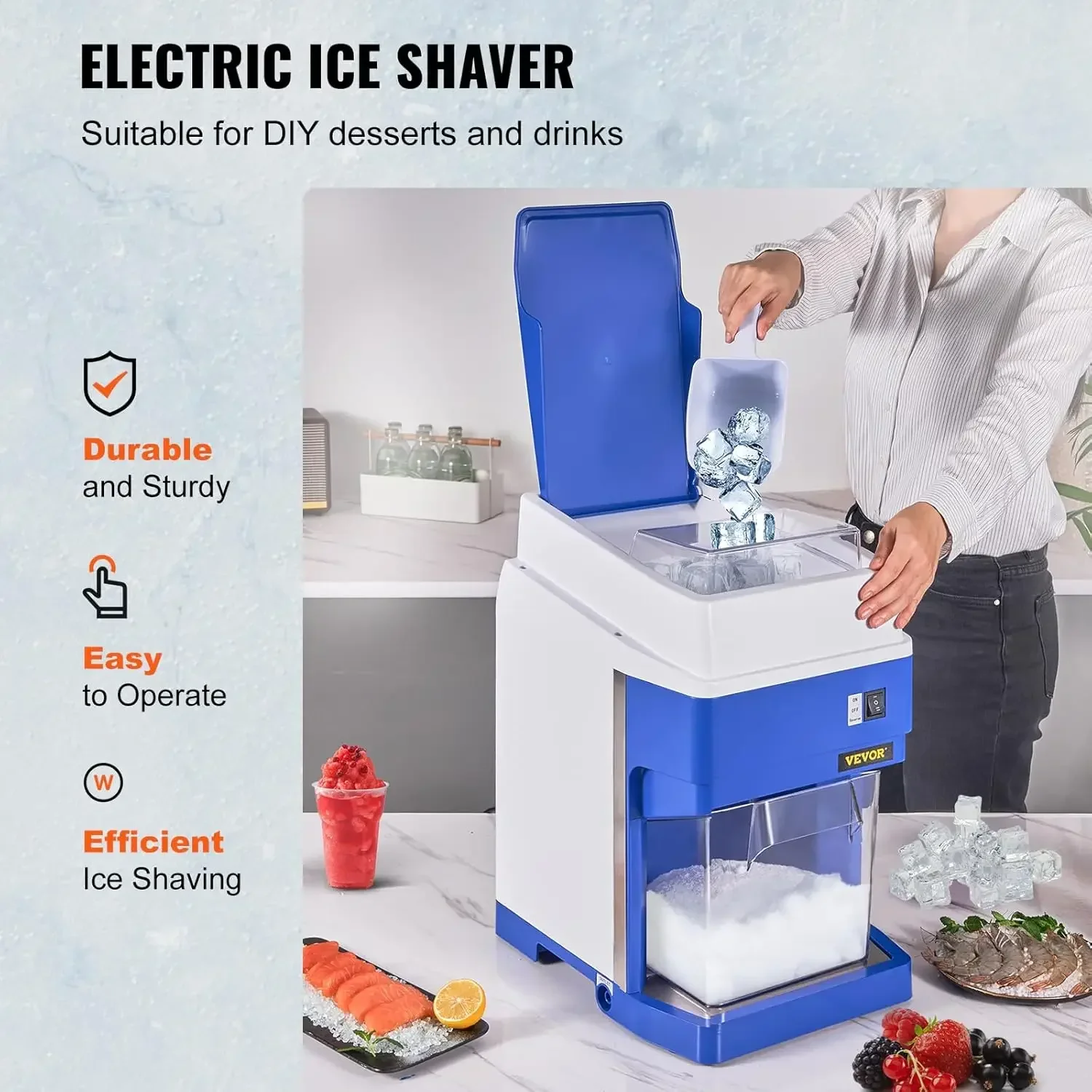 

th Commercial Ice Shaver Crusher, 265lbs Per Hour Electric Snow Cone Maker with 4.4lbs Ice Box