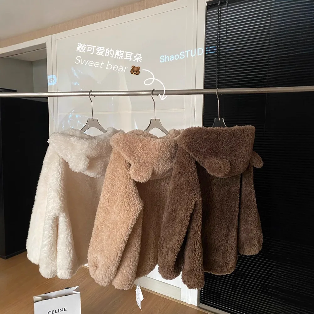 Teddy Bear Real Wool New Bear Sweater Hooded Full Wool Sheep Shearing Jacket Women's Short Lamb Fur