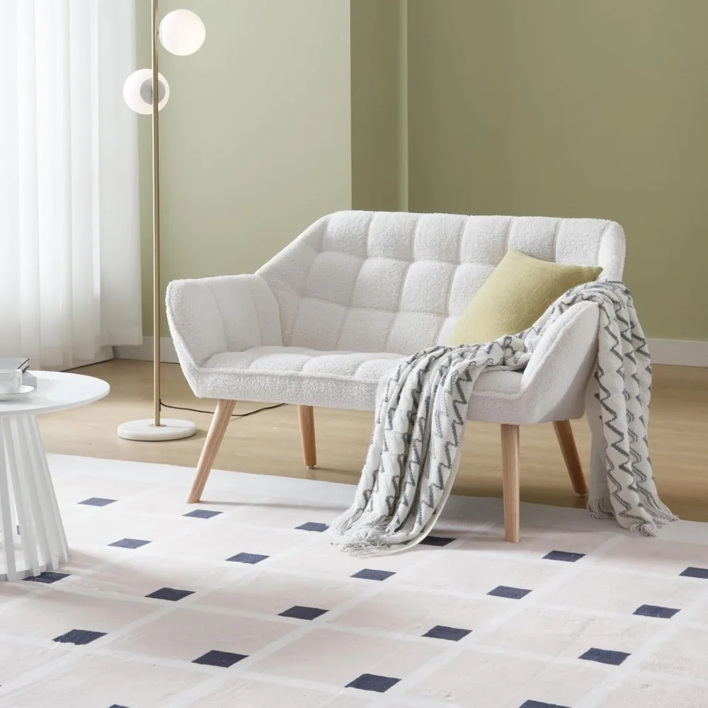 Sofá de dos plazas pequeño de 48 pulgadas, mini sofá moderno Sherpa, asiento de amor esponjoso de 2 plazas con respaldos acolchados y patas de madera