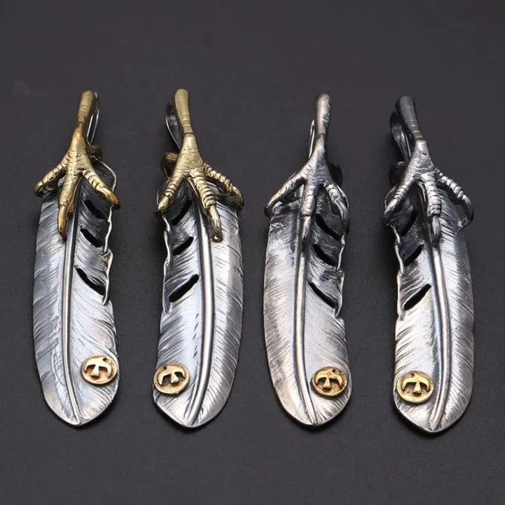 

S925 Sterling Silver Jewelry Personalized Retro Bronze Claw Classic Thai Silver Feather Men's and Women's Necklace Pendant