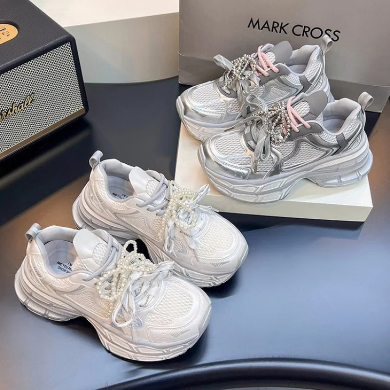

High-end Versatile Pearl Thick-soled Paris Dad Sneakers for Women 2025 Spring height-increasing lightweight casual sneakers
