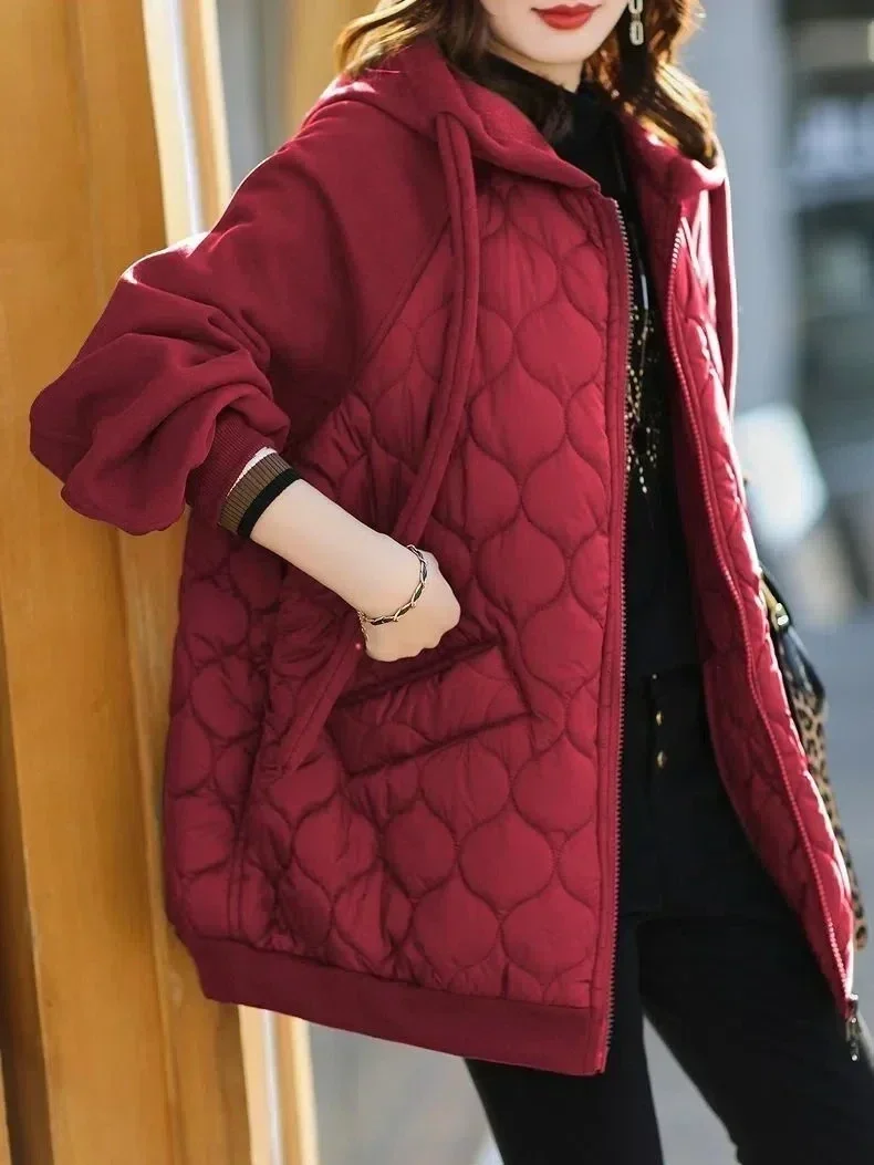 

Down Cotton Jacket 2024 Autumn Winter New Fashion Loose Casual Padded Coat Female Large Size Hooded Plus Velvet Light Parkas