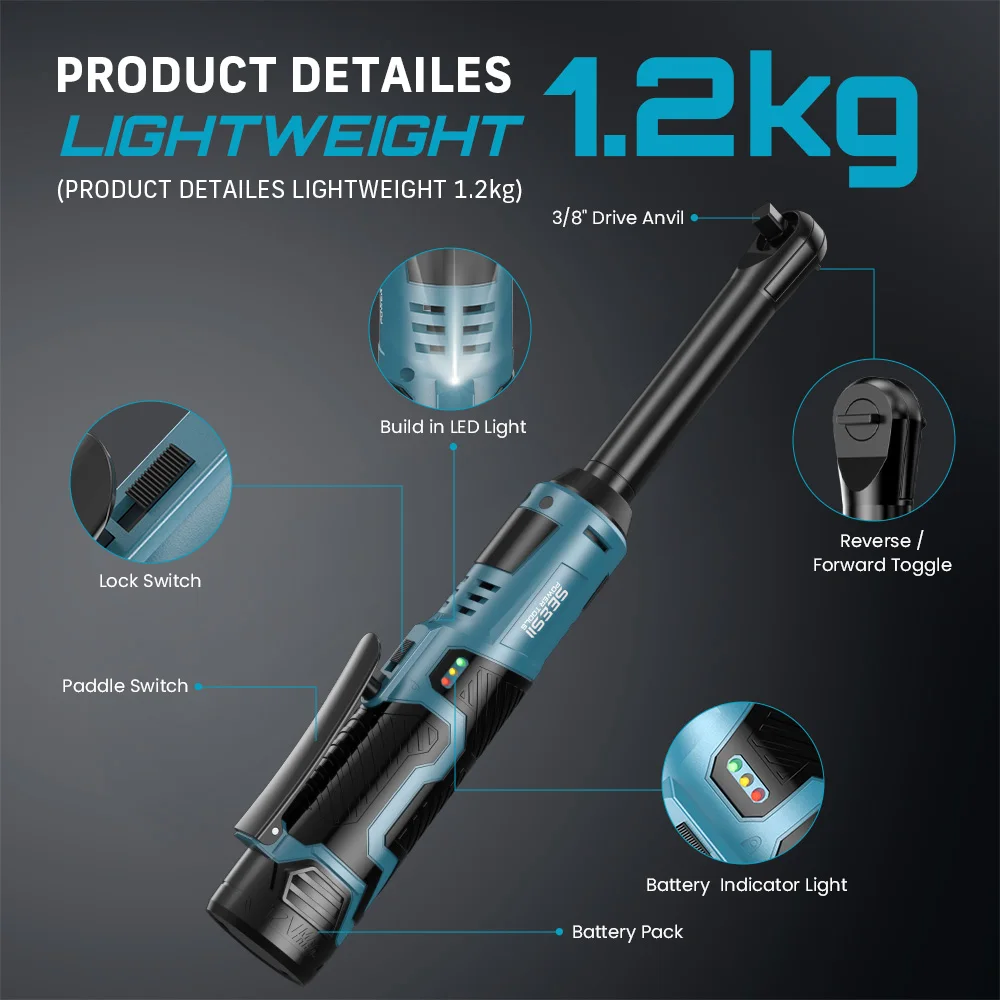 SEESII 3/8 "مفتاح ربط بسقاطة لاسلكي 55Nm مفتاح كهربائي مع 6" ممتد 12 فولت مفتاح ربط زاوية قابل لإعادة الشحن أدوات إصلاح السيارات الكهربائية #2