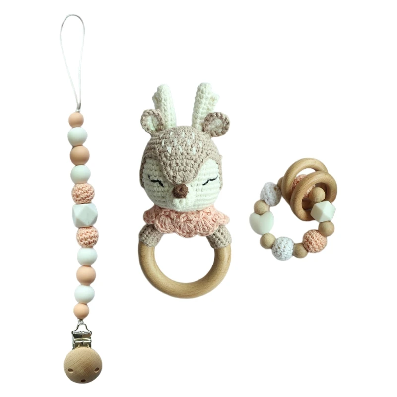 

2024 New 3 Pcs Baby Pacifier Clip Chain Wooden Teether Ring Bracelet Crochet Elk Rattle