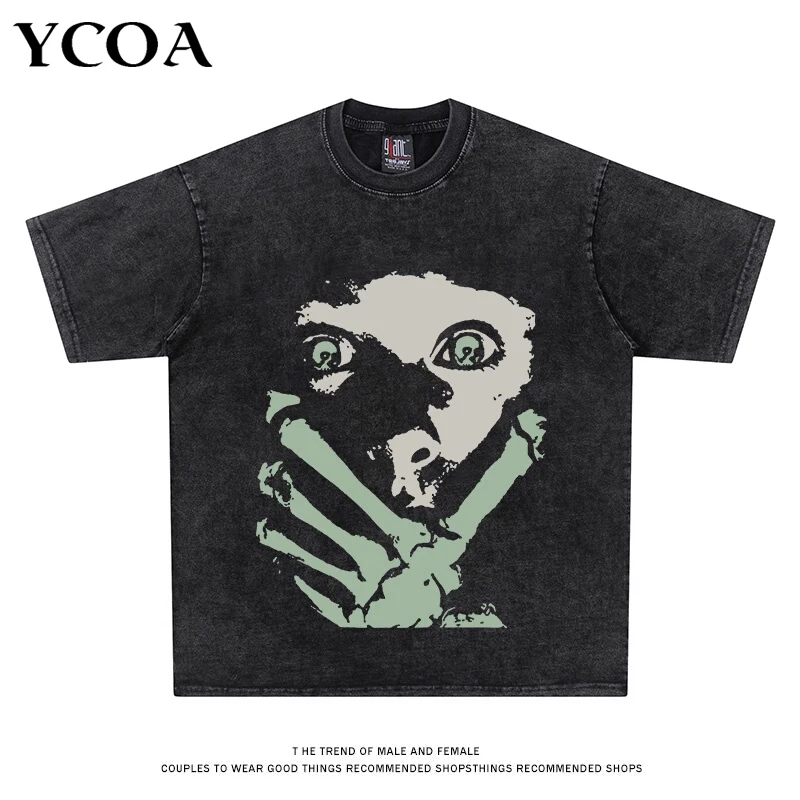 Men T-Shirt Oversize Washed Black Streetwear Human Face Summer Short Sleeve Cotton Loose Y2k Top Tees Graphic Aesthetic Clothing