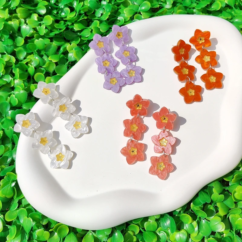 KUGUYS ثلاثة أقراط طويلة على شكل زهرة صغيرة للنساء مجوهرات لطيفة 4 ألوان أقراط عصرية من الأكريليك الملمس #1