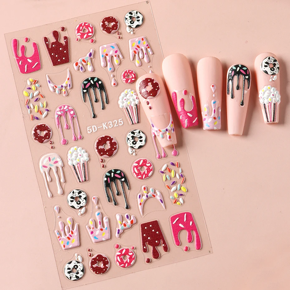 Adesivi per unghie gelato in rilievo 5D Simpatico cartone animato Ciambella Biscotto Torta Disegni Cibo estivo Nail Art Cursori adesivi Decalcomanie Decor