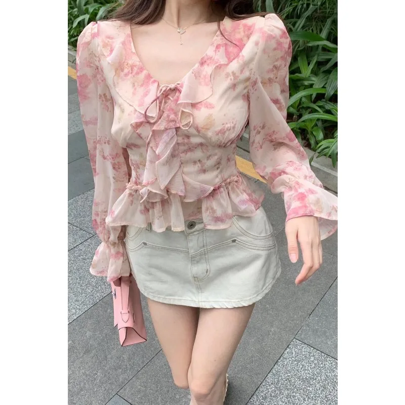 

Floral Strappy Chiffon Shirt for Women Summer Style Age-reducing Ruffled Versatile Spring and Autumn Long-sleeved Top