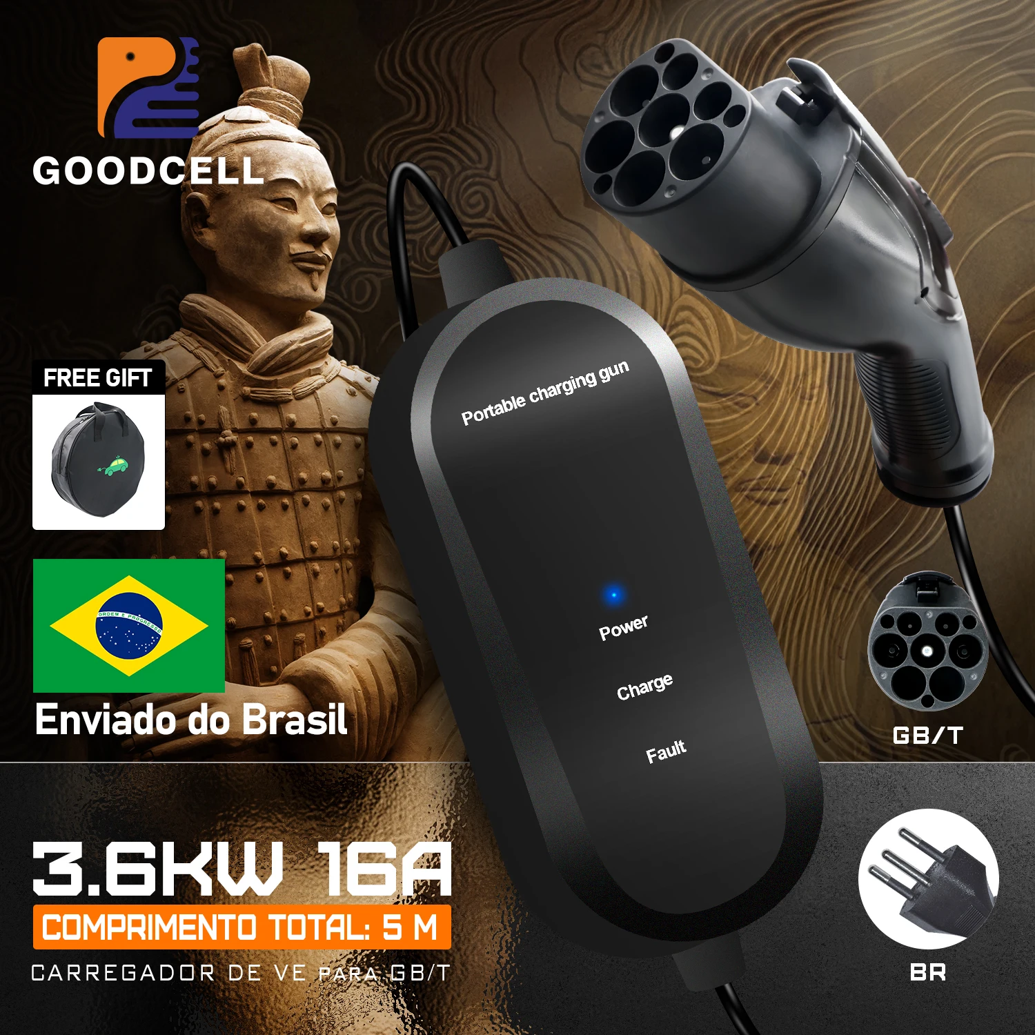 Carregador Portátil GOODCELL para VE GBT 3,6KW 16A Plugue BR 220V com Controle de Timer para Veículo Elétrico 5M